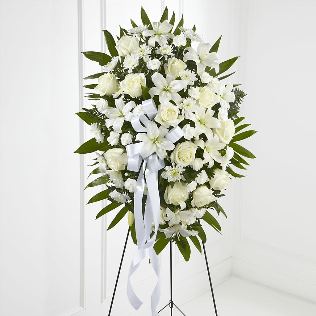 Exquisite Tribute Standing Spray-White Ribbon – My Florist, Calgary AB